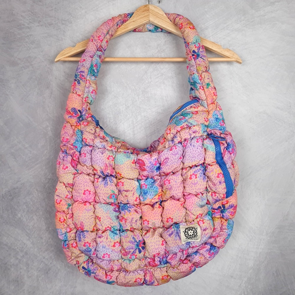 Natural Life Hobo Bag Womens Large Pink Floral Bubble Quilted Shoulder Tote Boho